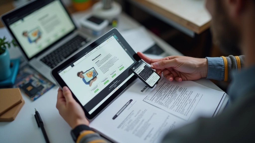 Designer che lavora su layout responsivo con tablet e smartphone
