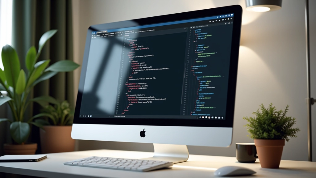 Desktop moderno con schermo che mostra layout responsive, codice HTML e CSS ben organizzato, workspace designer, illuminazione naturale