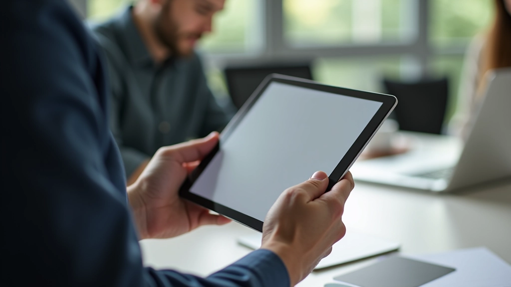 Persona che tiene un tablet iPad in modalità landscape durante una riunione di lavoro, scrivania moderna con notebook